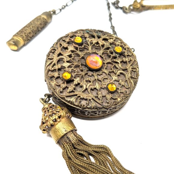 SOLD Antique Victorian Chatelaine Cosmetic Bag Frame Gold Tone Filigree - Picture 4 of 16